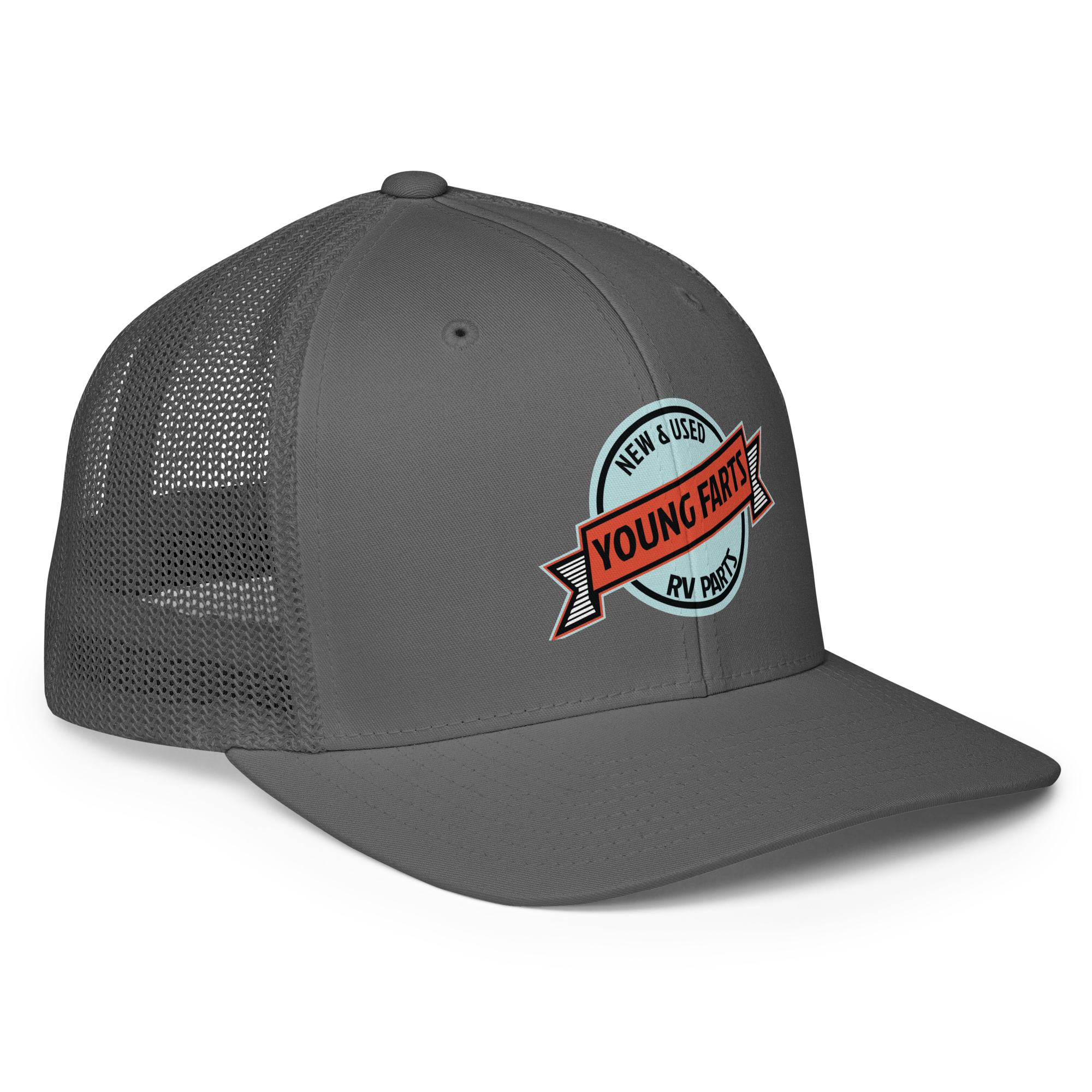 Young Farts Looks Better Dirty Trucker Hat in Charcoal – right-front view