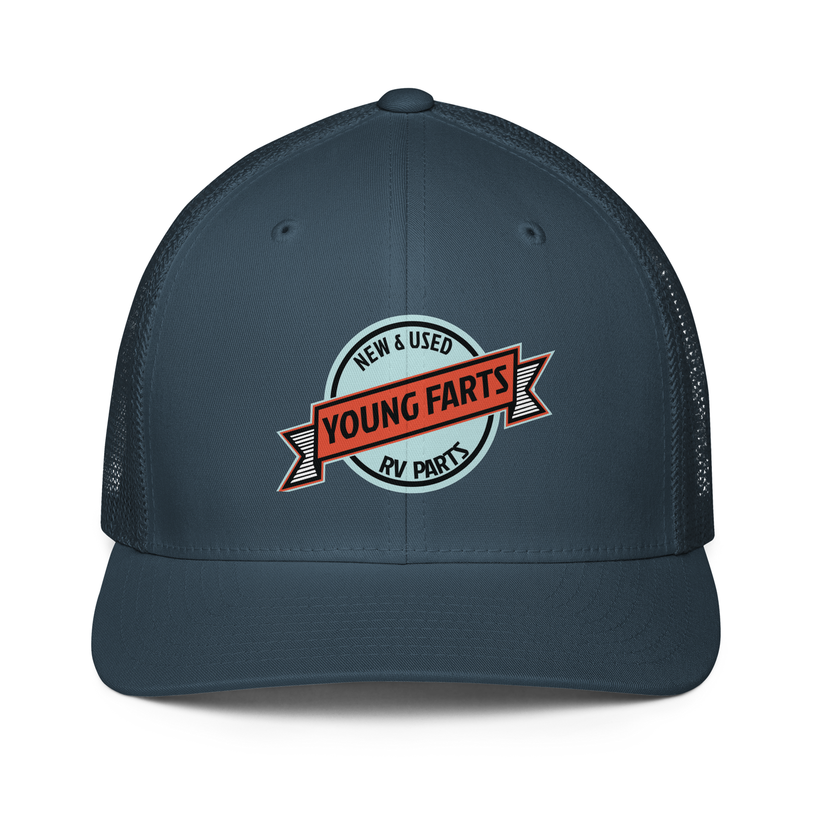 Young Farts Looks Better Dirty Trucker Hat in Navy – front view