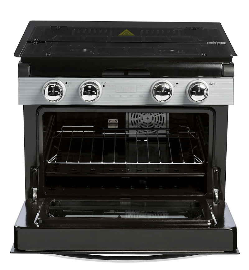 Invision 480 - 2730 Range - Black Porcelain Top With Open Glass Door And Stainless Steel Handle - Young Farts RV Parts