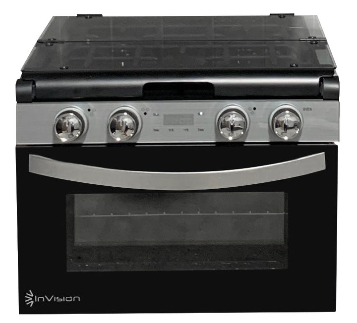 Invision 480 - 2730 Range - Black Porcelain Top With Open Glass Door And Stainless Steel Handle - Young Farts RV Parts