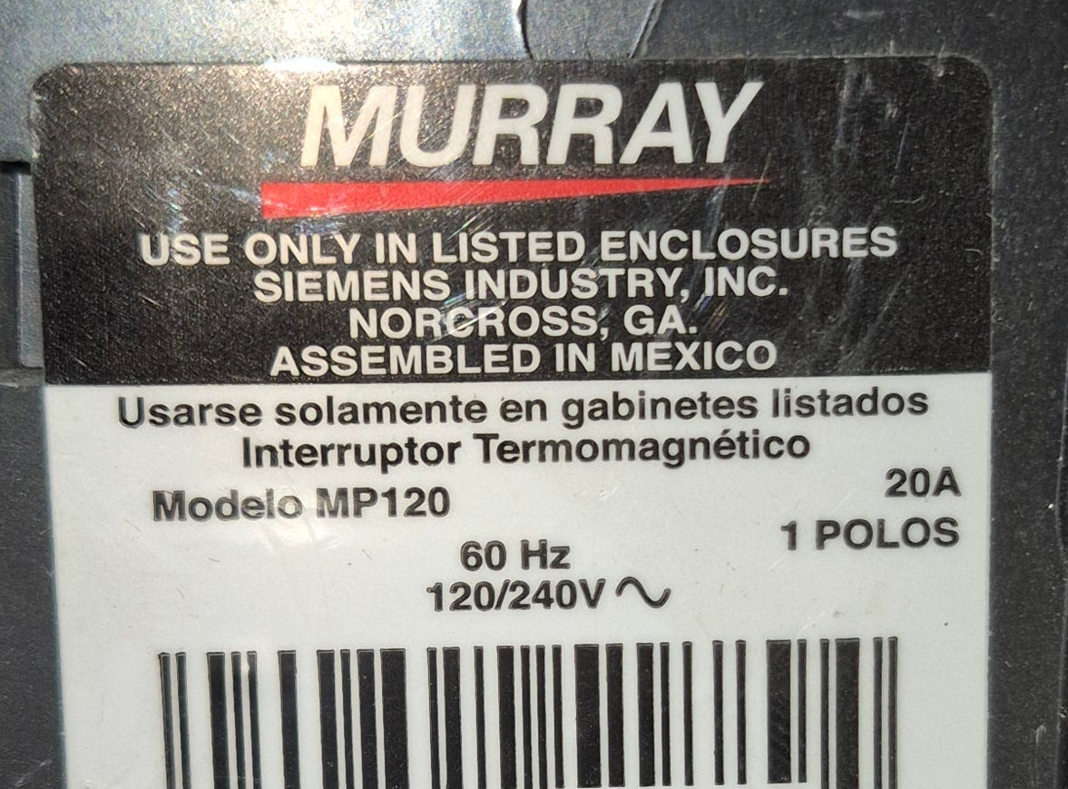 Used Murray 20 Amp Single Pole Type MP-T Circuit Breaker - MP120