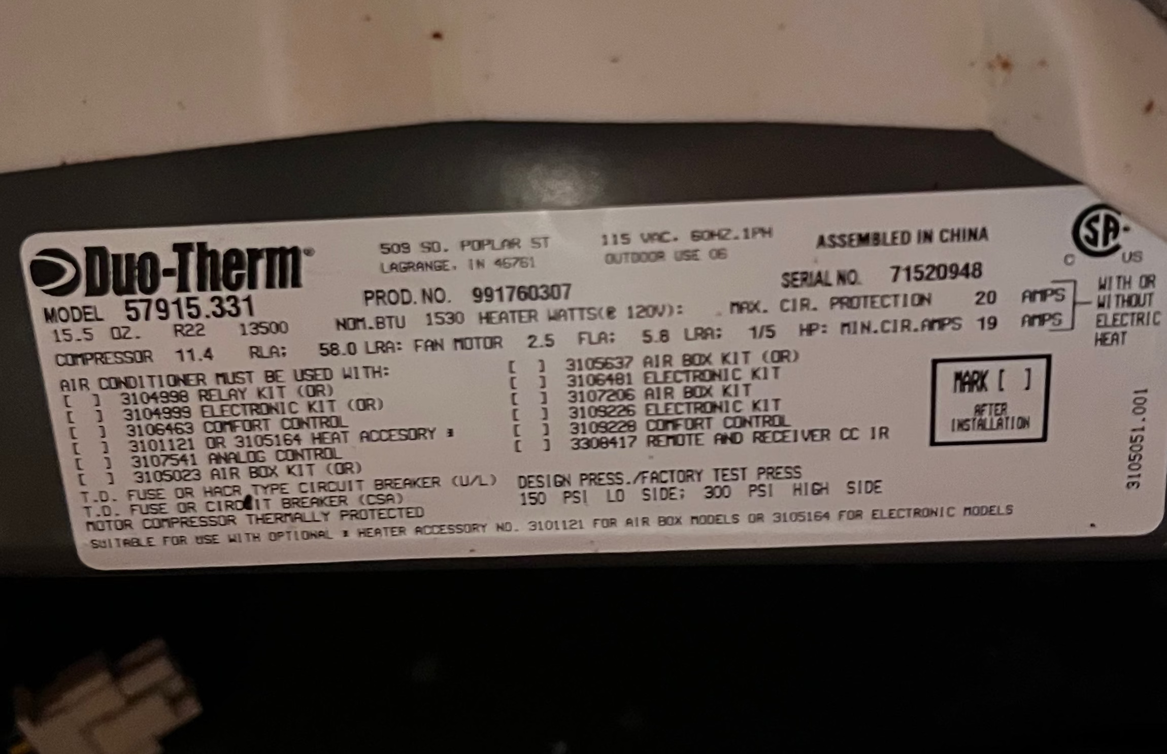 Used Duo-Therm Air Conditioner Head Unit, 13500BTU, Cool Only - 57915.331 - Young Farts RV Parts