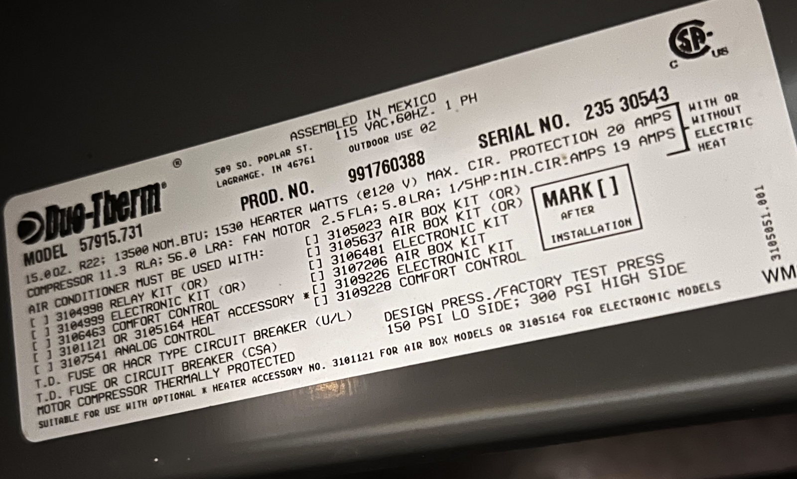 Used Complete Duo-Therm Air Conditioner Complete 57915.731 - 13000 BTU Cool Only - Young Farts RV Parts