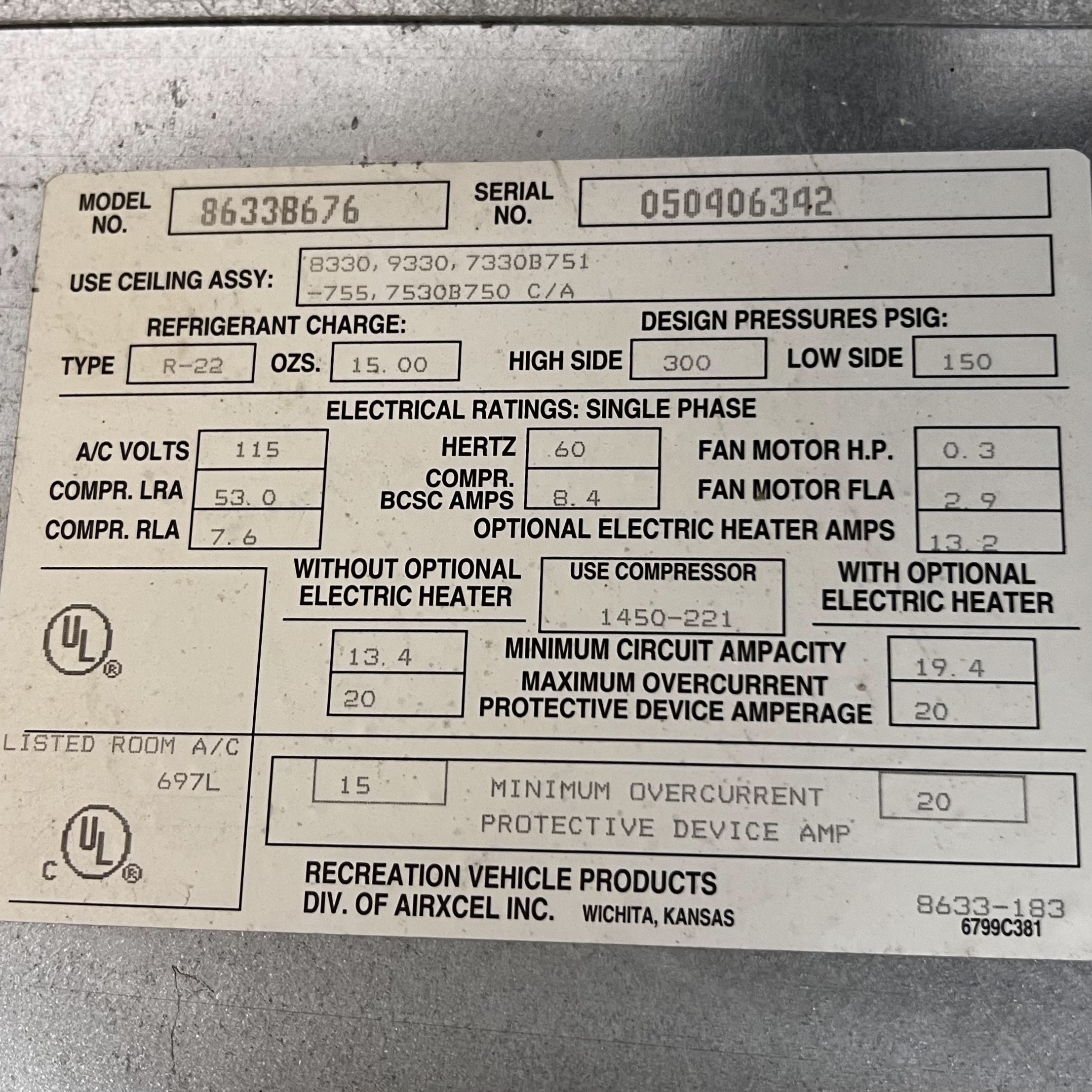 Used Coleman Air Conditioner Head Unit, 13500 BTU, Cool Only - 8633B676 - Young Farts RV Parts