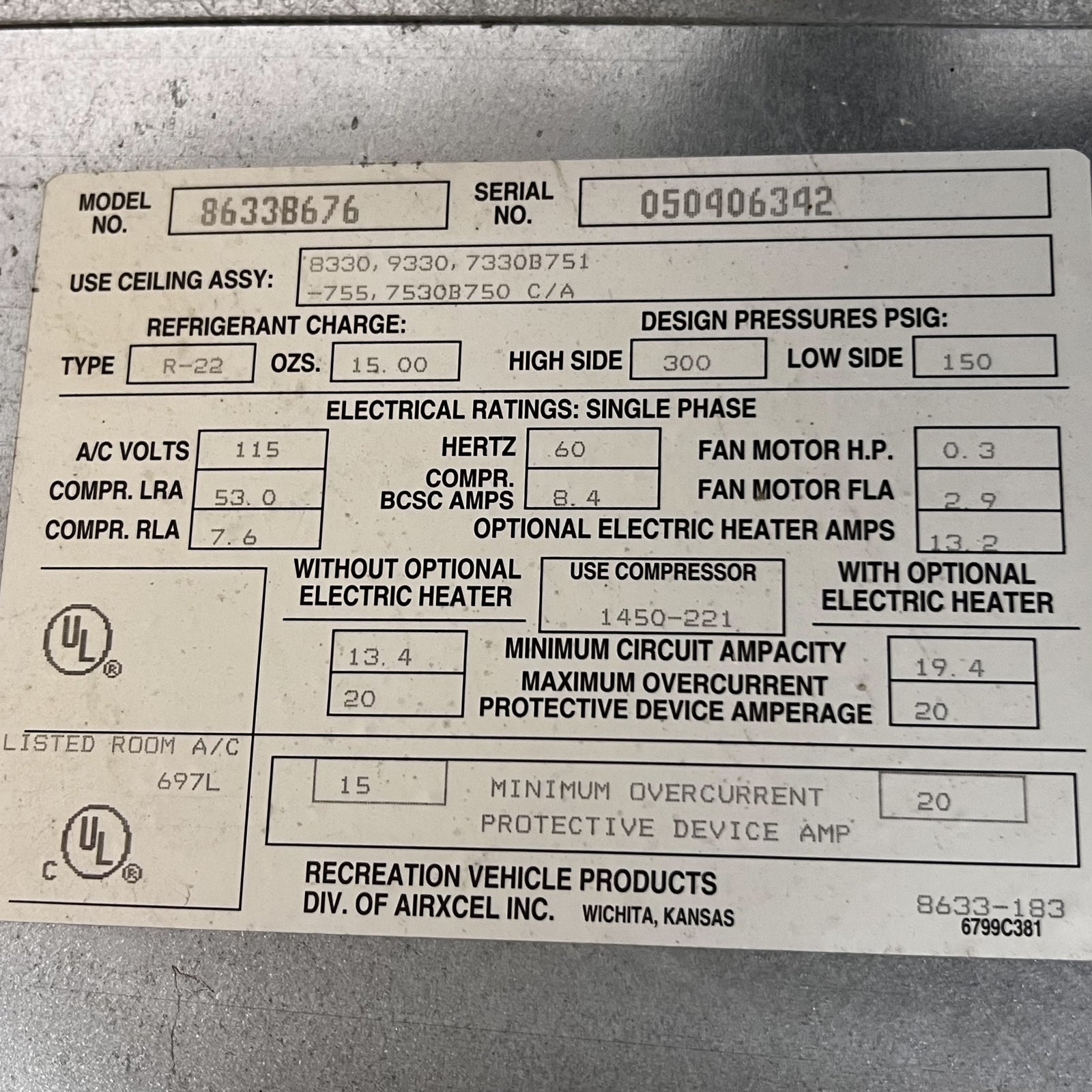 Used Coleman Air Conditioner Head Unit, 13500 BTU, Cool Only - 8633B676 - Young Farts RV Parts