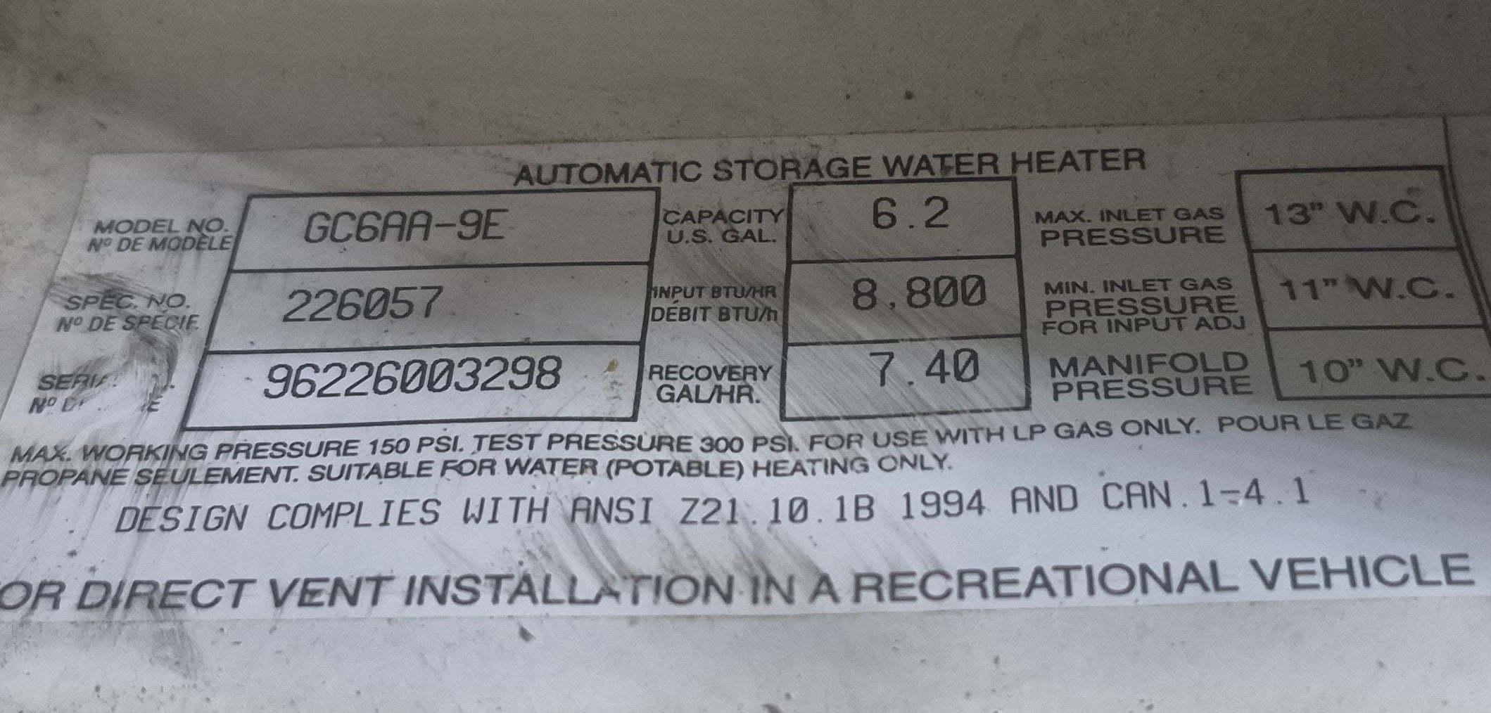 Used Complete Atwood Hot Water Heater, 6 Gal. - GC6AA-9E
