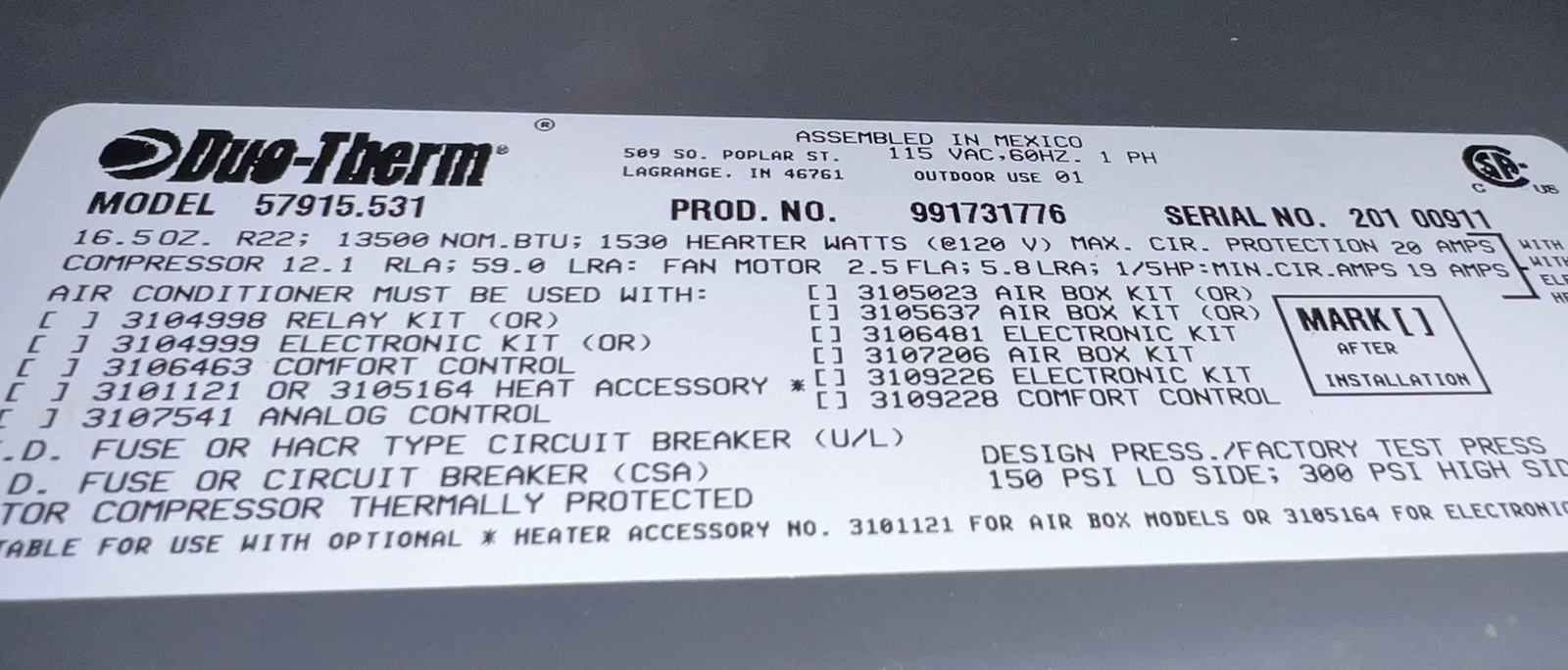 Used Complete Duo-Therm Air Conditioner Complete 57915.531 - 13000 BTU Cool Only - Young Farts RV Parts