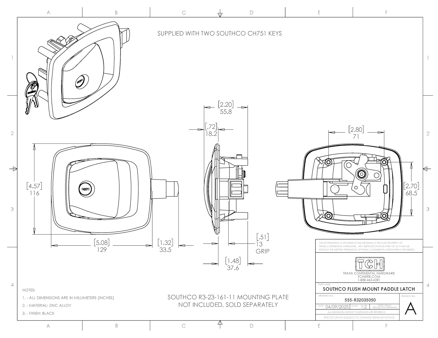 Southco Push - to - Close Latch, Zinc Alloy, Powder Coat, Black - R3 - 20 - 350 - 50 - Young Farts RV Parts