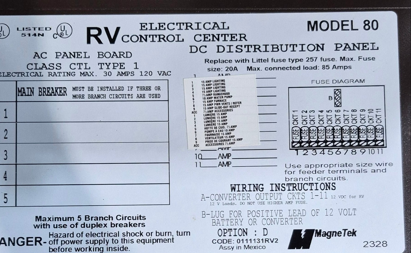 Used 30 AMP Magnetek DC Distribution Panel - Model 80 - Young Farts RV Parts