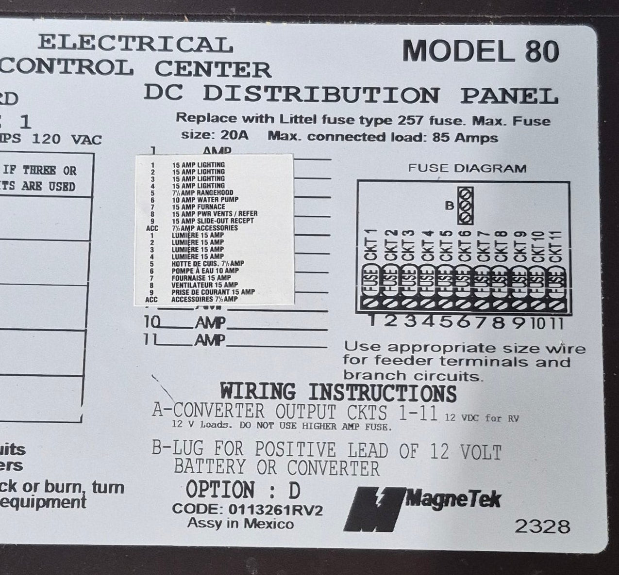 Used 30 AMP Magnetek DC Distribution Panel - Model 80 - Young Farts RV Parts