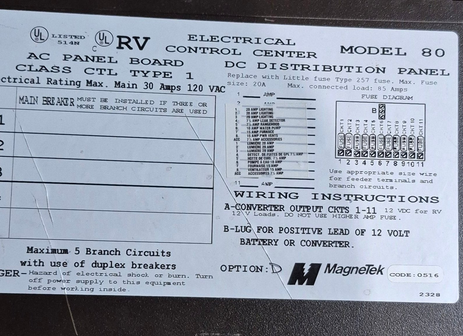 Used 30 AMP MAGNETEK DC Distribution Panel - Model 80 - Young Farts RV Parts