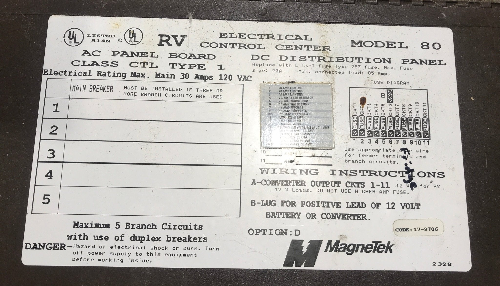 Used 30 AMP Magnetek DC Distribution Panel - Model 80 - Young Farts RV Parts