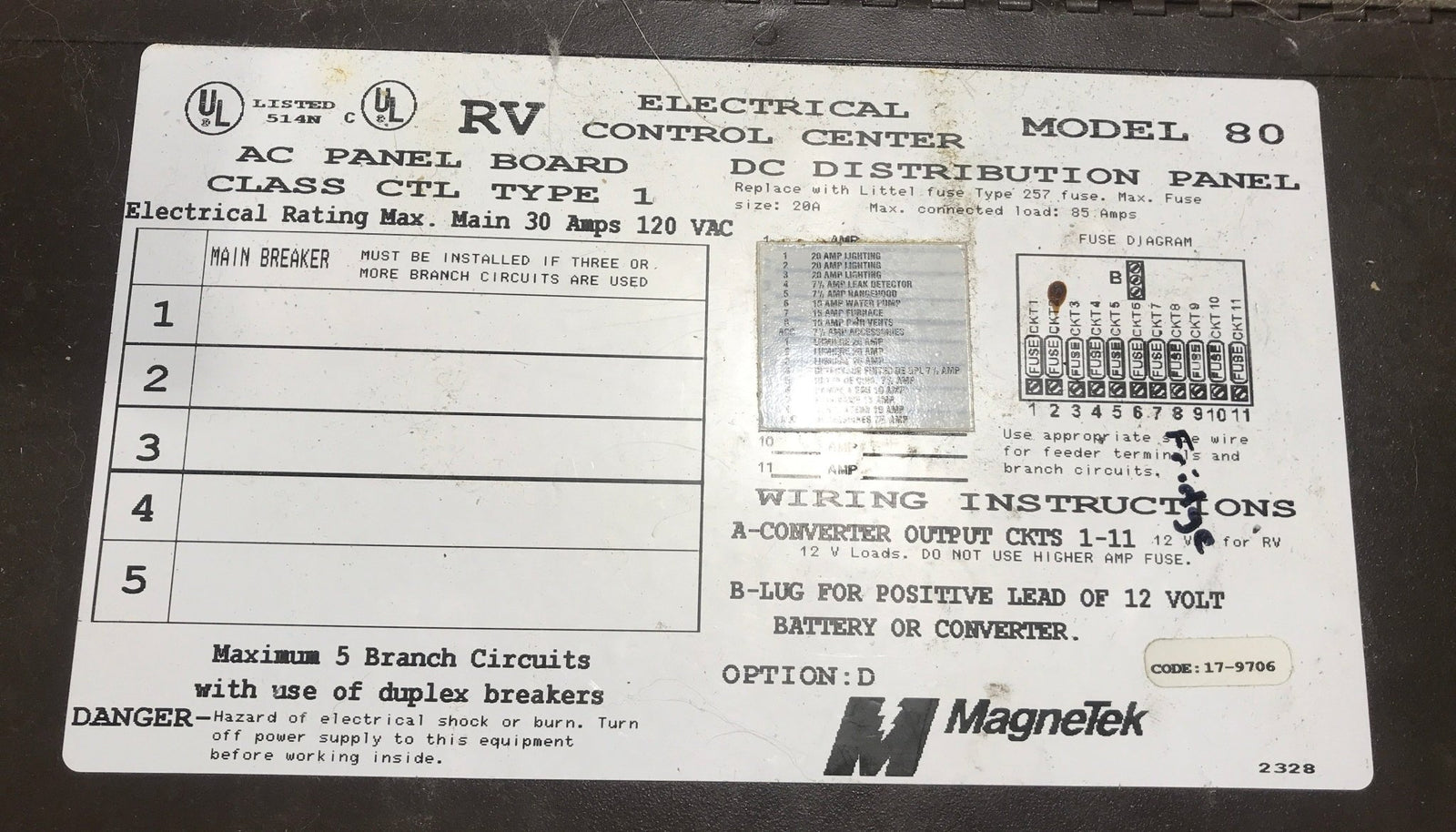 Used 30 AMP Magnetek DC Distribution Panel - Model 80 - Young Farts RV Parts