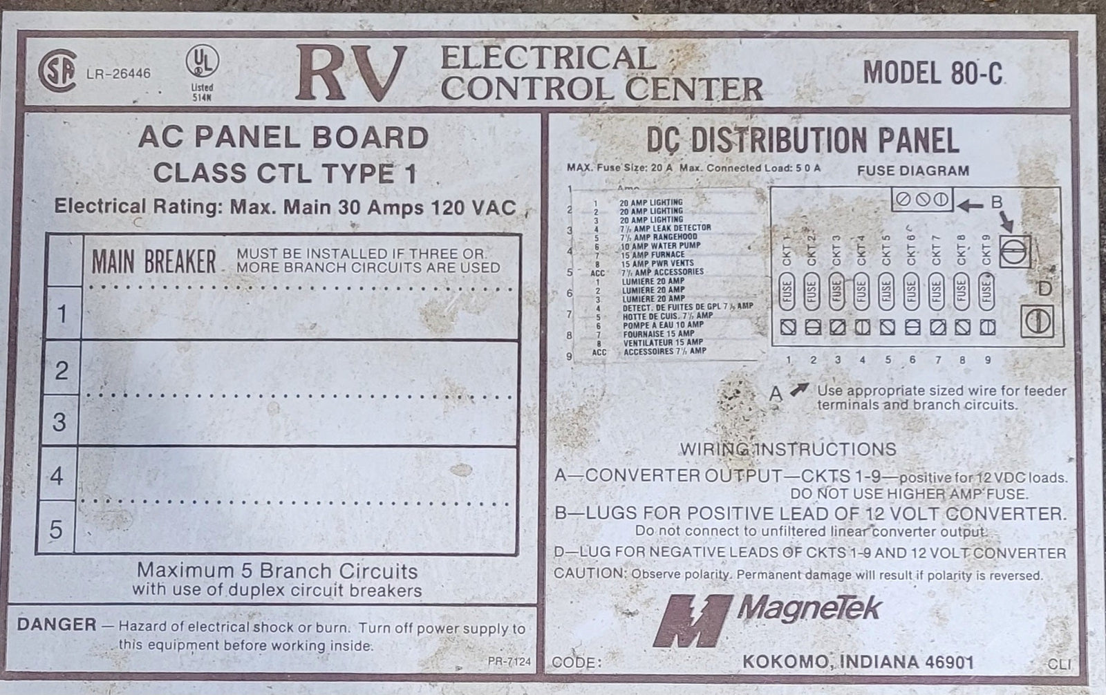 Used 30 AMP MAGNETEK DC Distribution Panel - Model 80 - C - Young Farts RV Parts