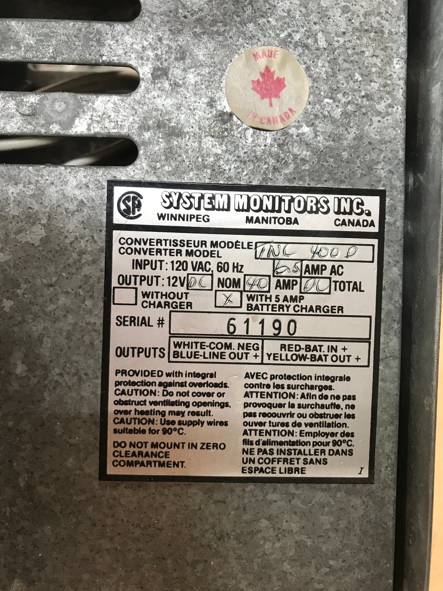 Used 40 AMP Systems Monitors Converter - TNC400D - Young Farts RV Parts