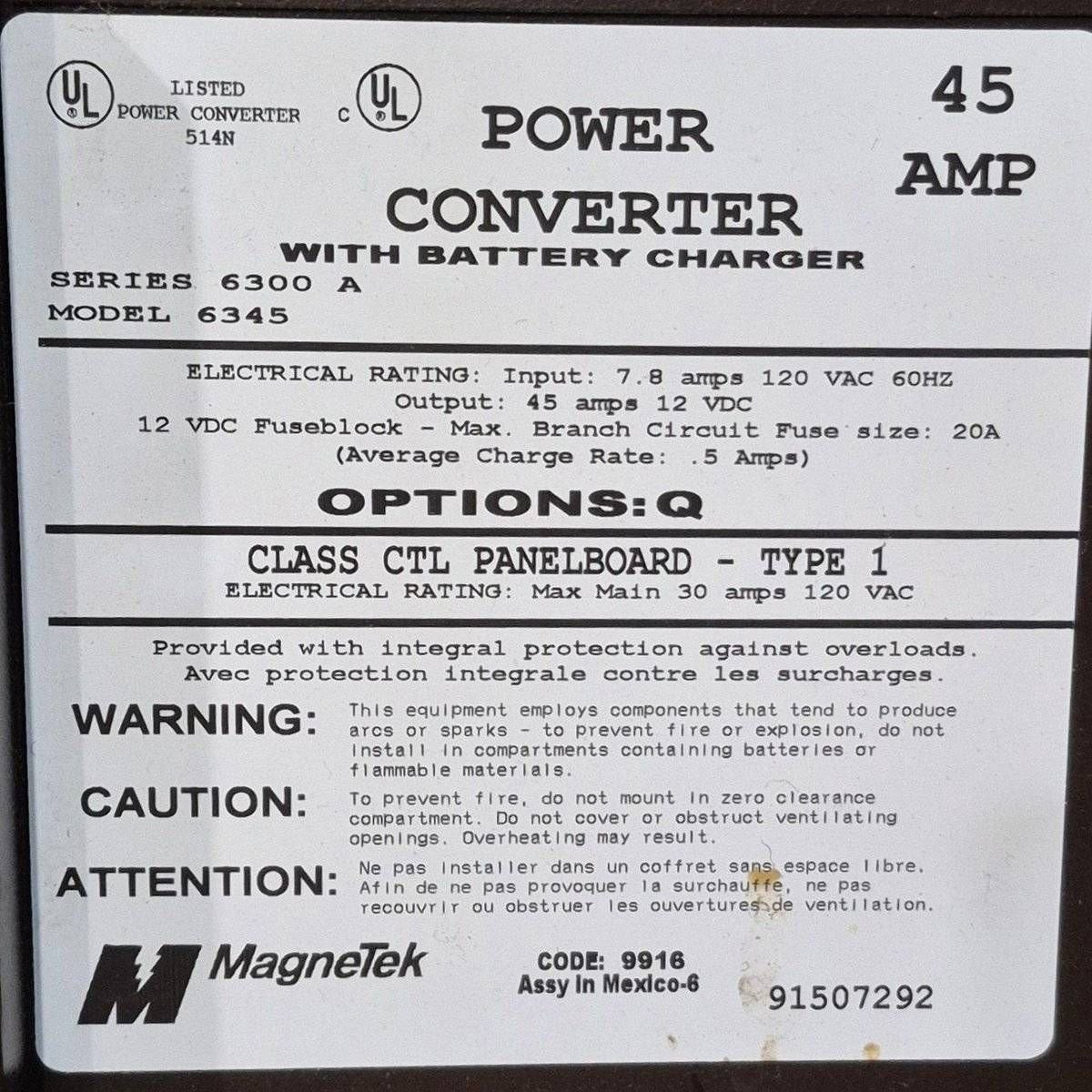Used 45 AMP Magnetek Converter - Series 6300 A , Model 6345 - Young Farts RV Parts