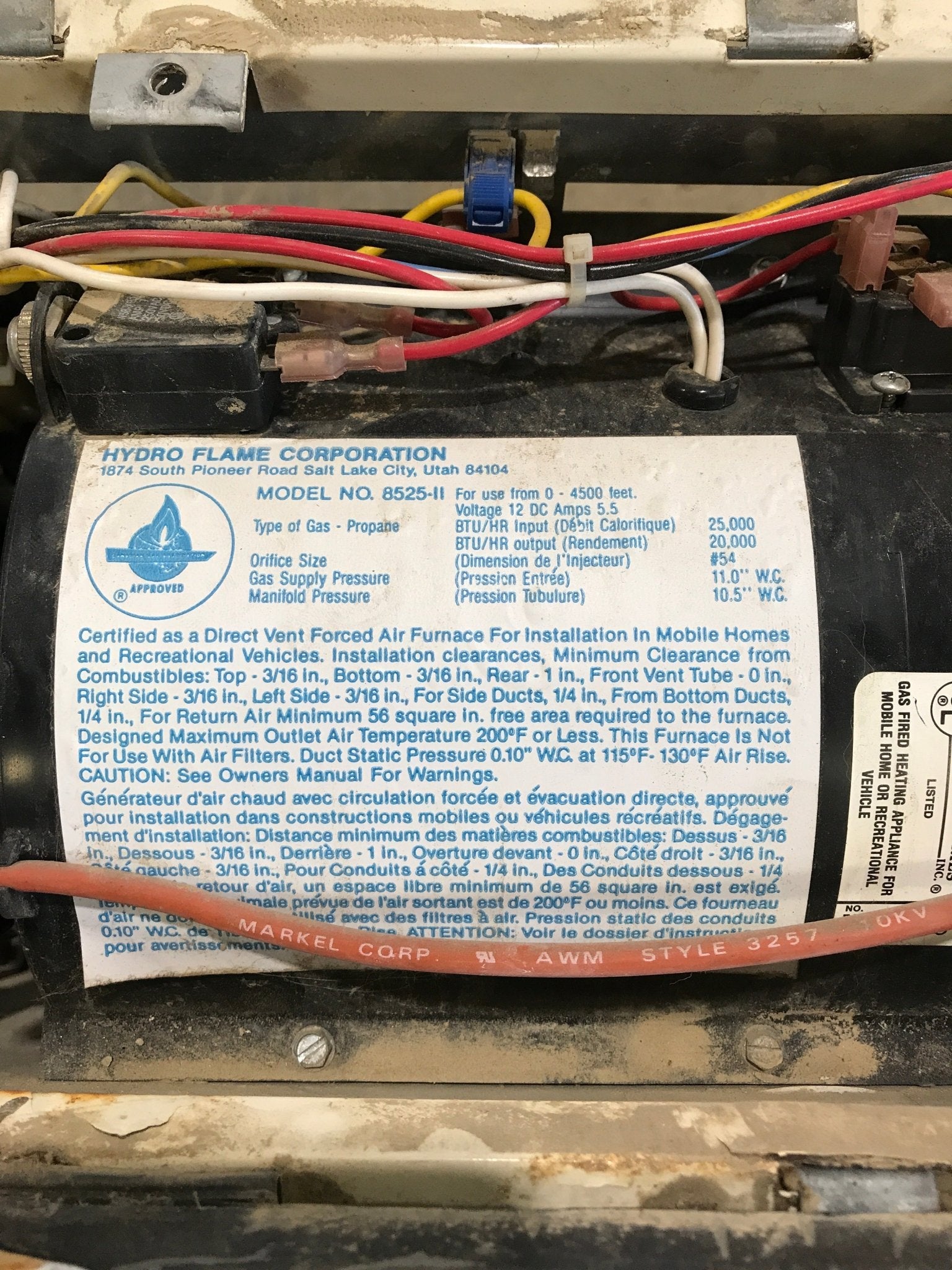 USED 8525 II HYDROFLAME RV Propane Furnace - 25000 BTU - Young Farts RV Parts