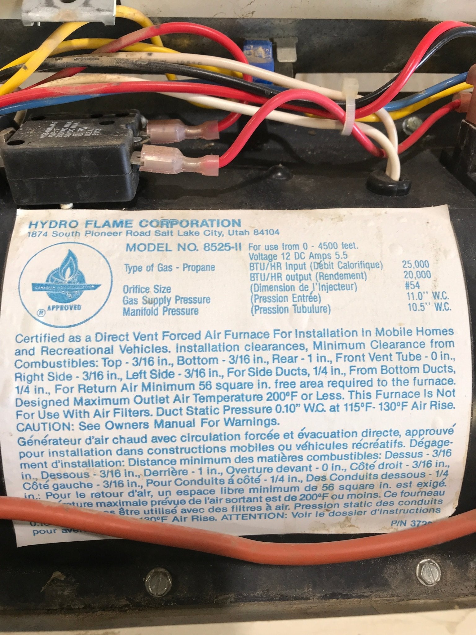USED 8525 II HYDROFLAME RV Propane Furnace - 25000 BTU - Young Farts RV Parts