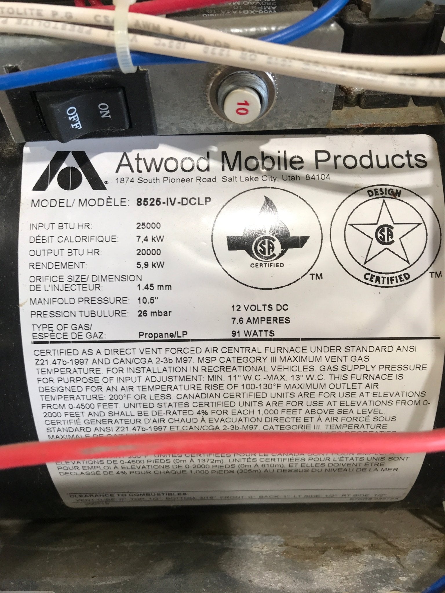 USED 8525 IV DCLP HYDROFLAME RV Propane Furnace - 25000 BTU - Young Farts RV Parts