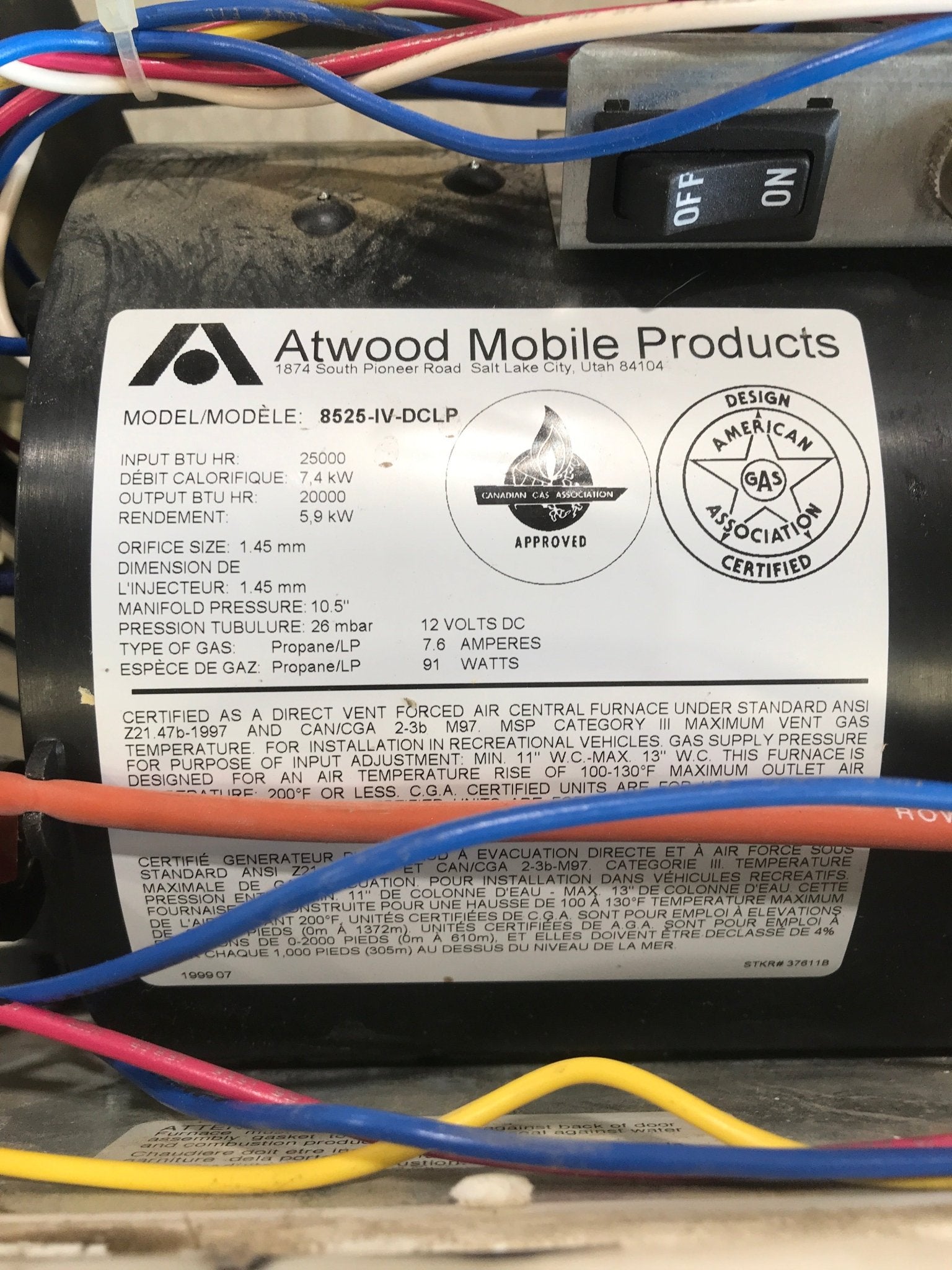 USED 8525 IV DCLP HYDROFLAME RV Propane Furnace - 25000 BTU - Young Farts RV Parts