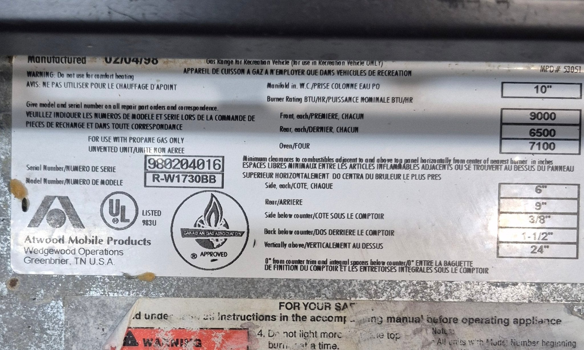 Used Atwood / Wedgewood Range Stove 3-Burner, 16 5/8 ” H - R-W1730BB - Young Farts RV Parts