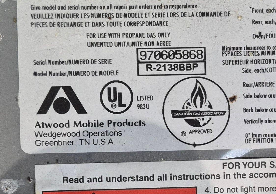 Used Atwood / Wedgewood Range Stove 3 - Burner, 21 3/8” H - R - 2138BBP - Young Farts RV Parts
