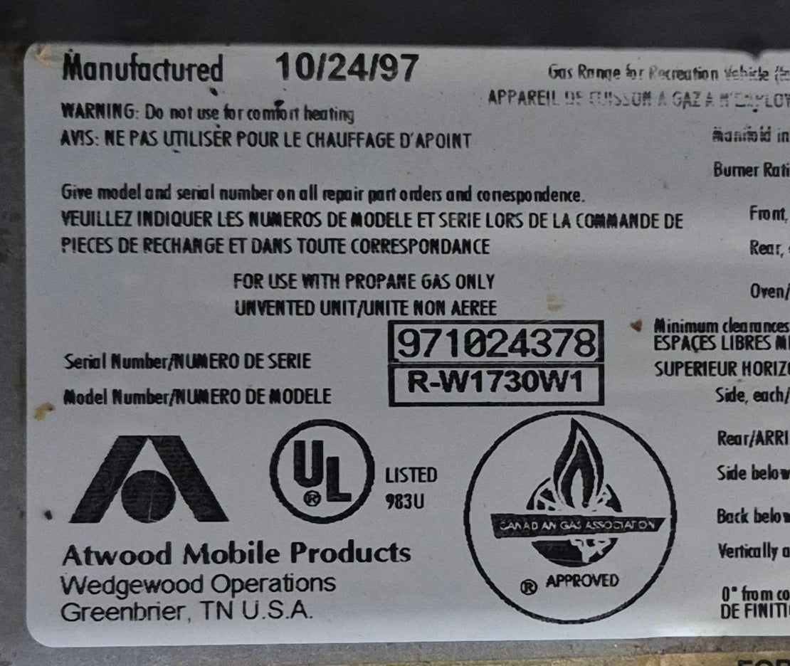 Used Atwood / Wedgewood range stove 3 - burner R - W1730W1 - Young Farts RV Parts