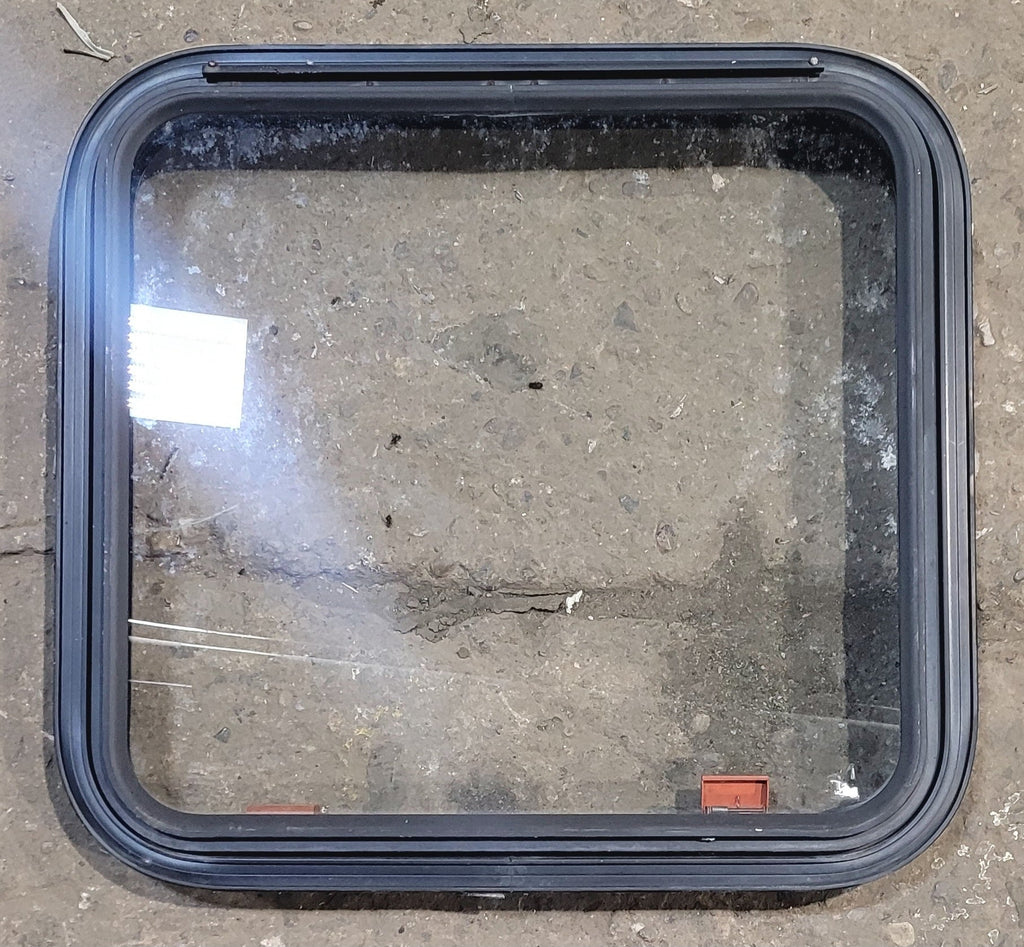 Used Black Radius Emergency Opening Window : 23 1/4" W x 21 1/2" H x 1 7/8" - Young Farts RV Parts