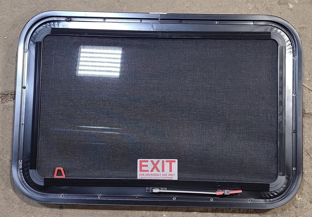 Used Black Radius Emergency Opening Window : 29 1/2" W x 19 1/2" H x 1 7/8" D - Young Farts RV Parts
