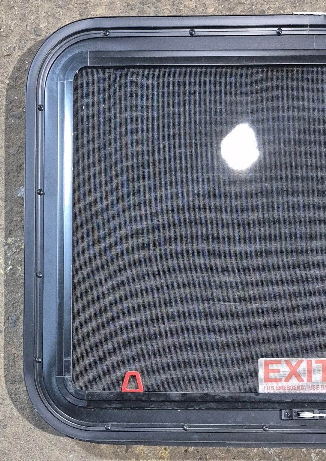 Used Black Radius Emergency Opening Window : 29 1/2" W x 21 1/2" H x 1 3/4" - Young Farts RV Parts