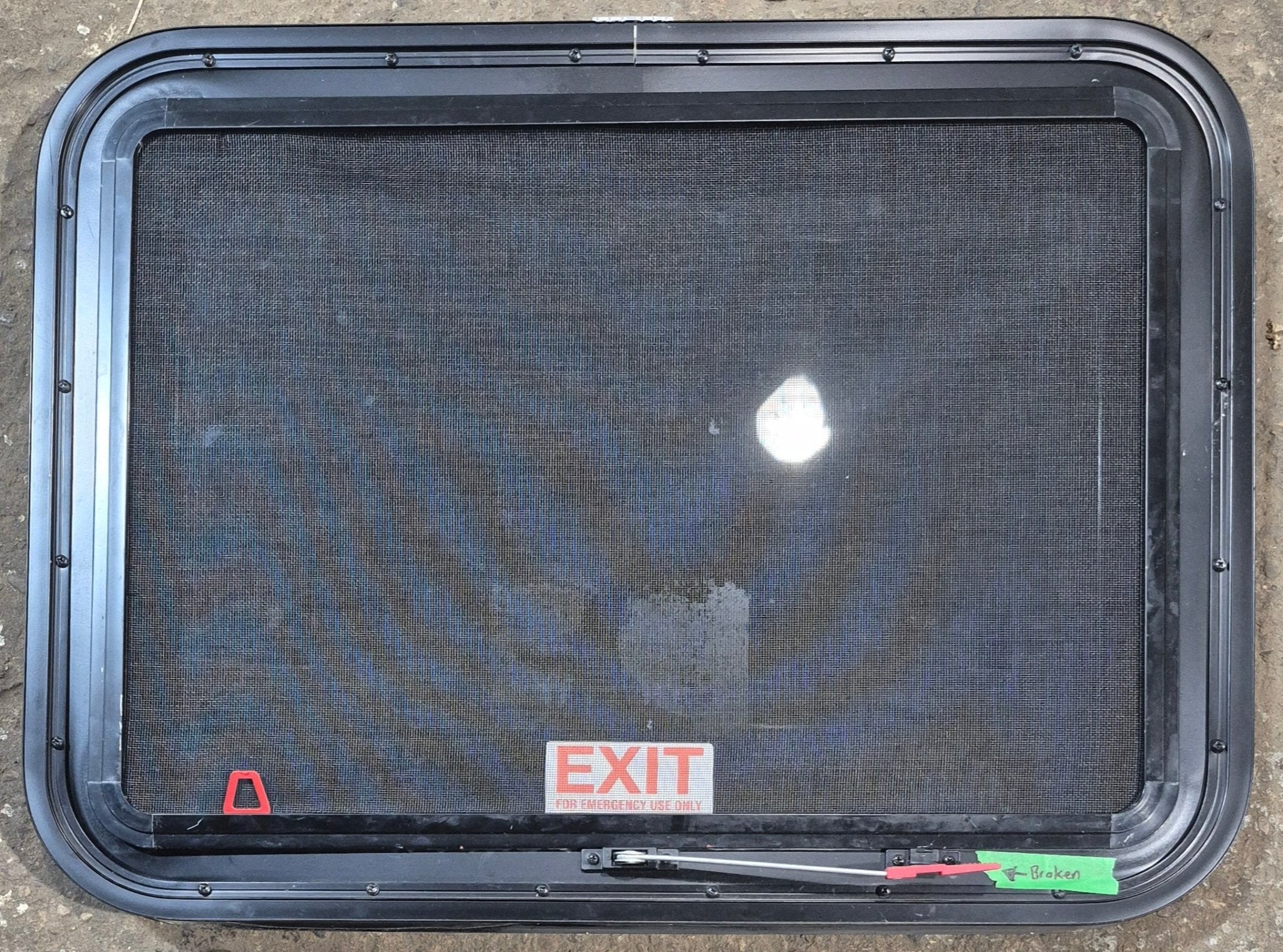 Used Black Radius Emergency Opening Window : 29 1/2" W x 21 1/2" H x 1 3/4" - Young Farts RV Parts