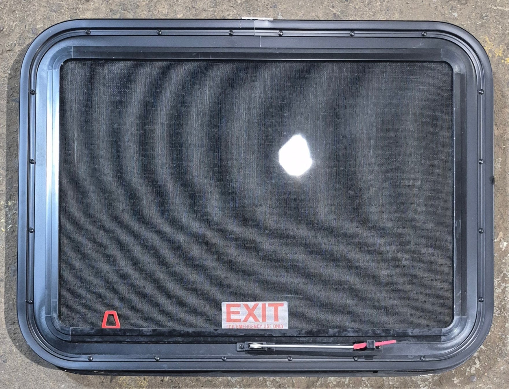 Used Black Radius Emergency Opening Window : 29 1/2" W x 21 1/2" H x 1 3/4" - Young Farts RV Parts