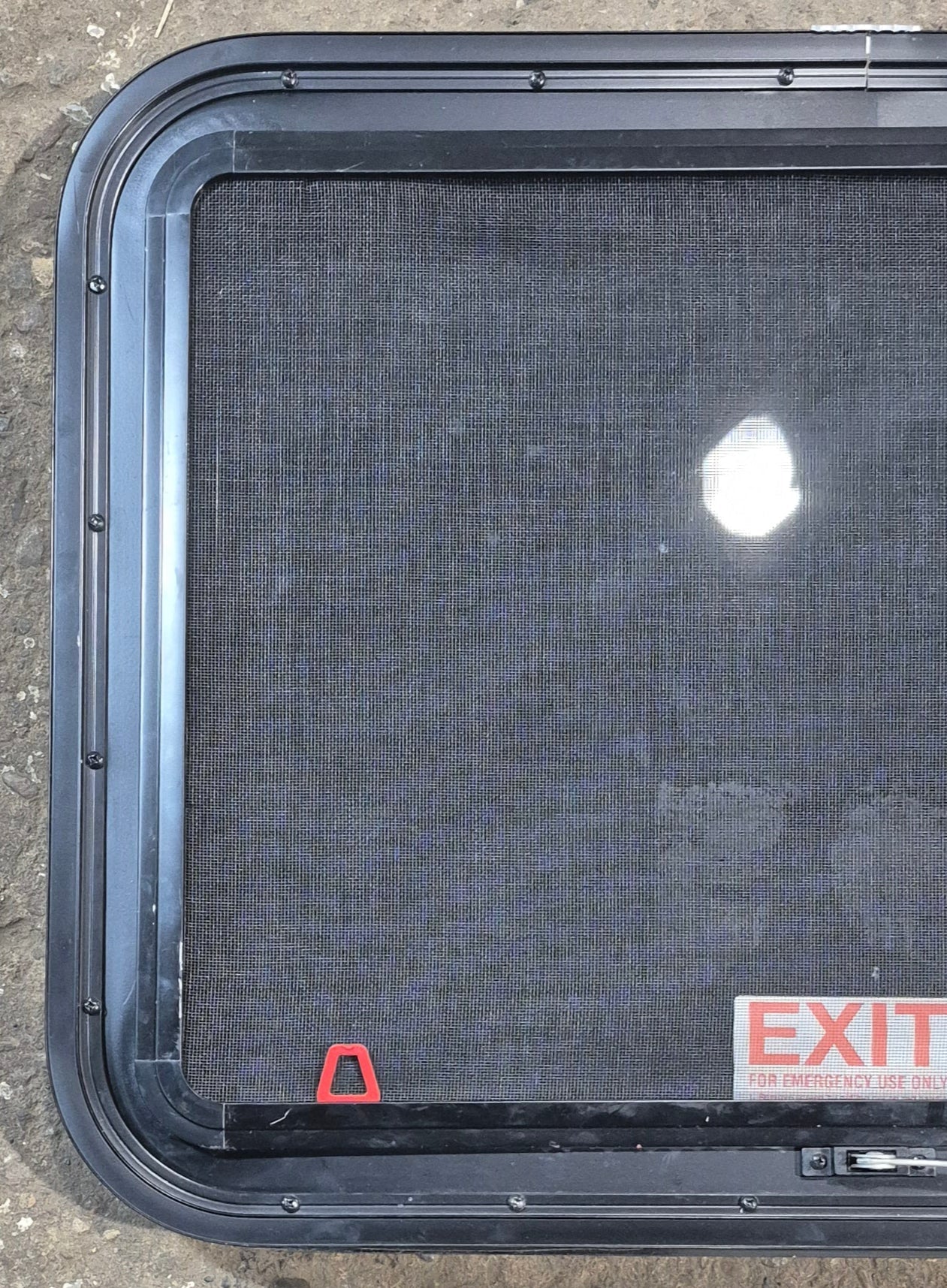 Used Black Radius Emergency Opening Window : 29 1/2" W x 21 1/2" H x 1 3/4" - Young Farts RV Parts