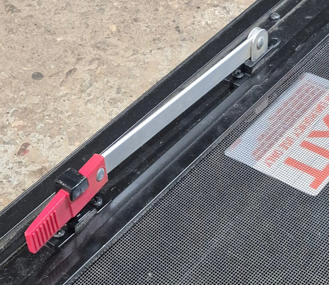 Used Black Radius Emergency Opening Window : 29 1/2" W x 21 1/2" H x 1 3/4" - Young Farts RV Parts