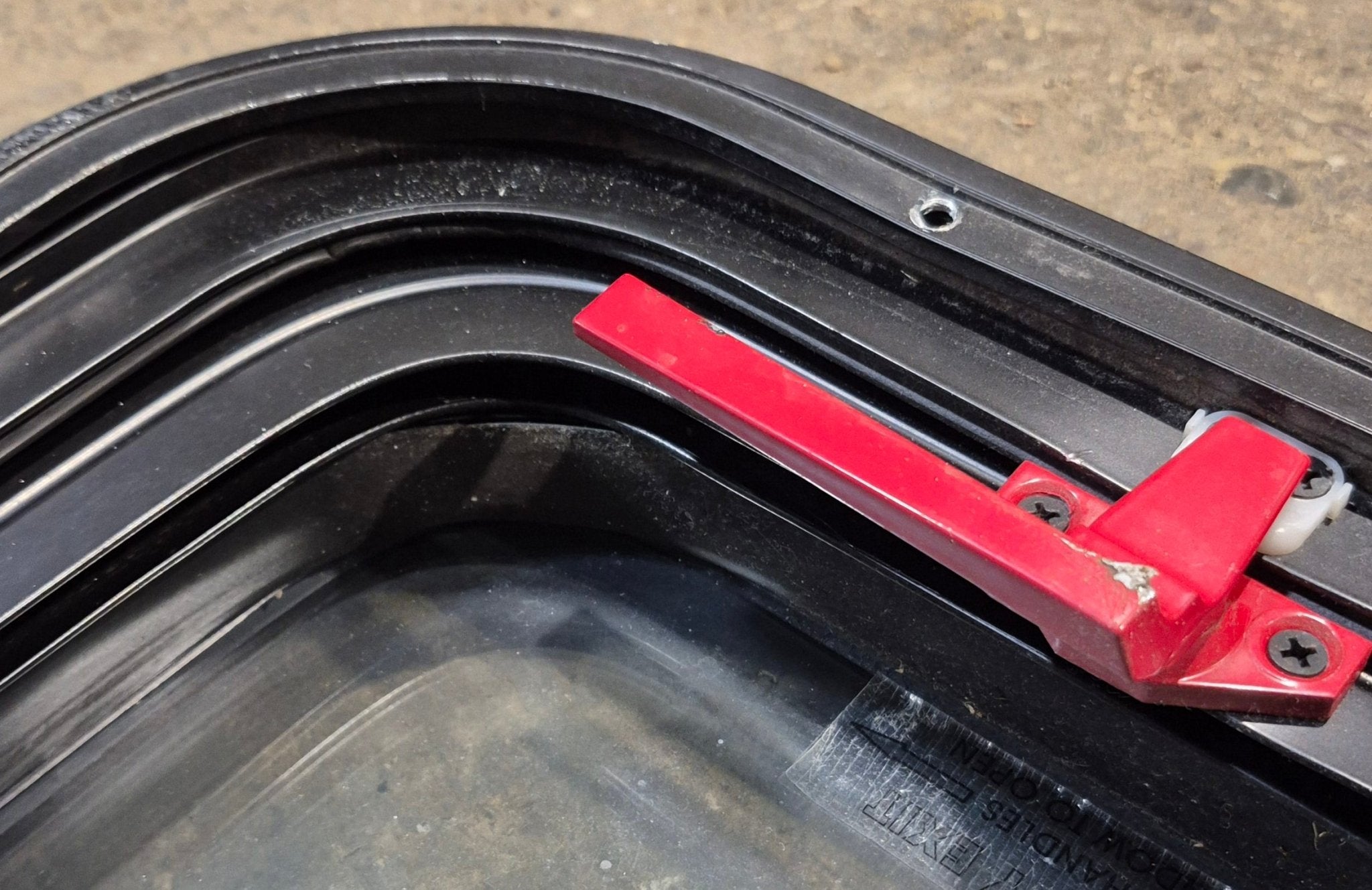 Used Black Radius Emergency Opening Window : 29 1/2" W x 21 1/2" H x 2" D - Young Farts RV Parts