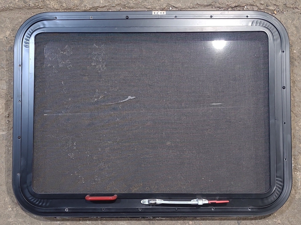 Used Black Radius Emergency Opening Window : 29 1/4" W x 21 1/4" H x 1 1/4" D - Young Farts RV Parts