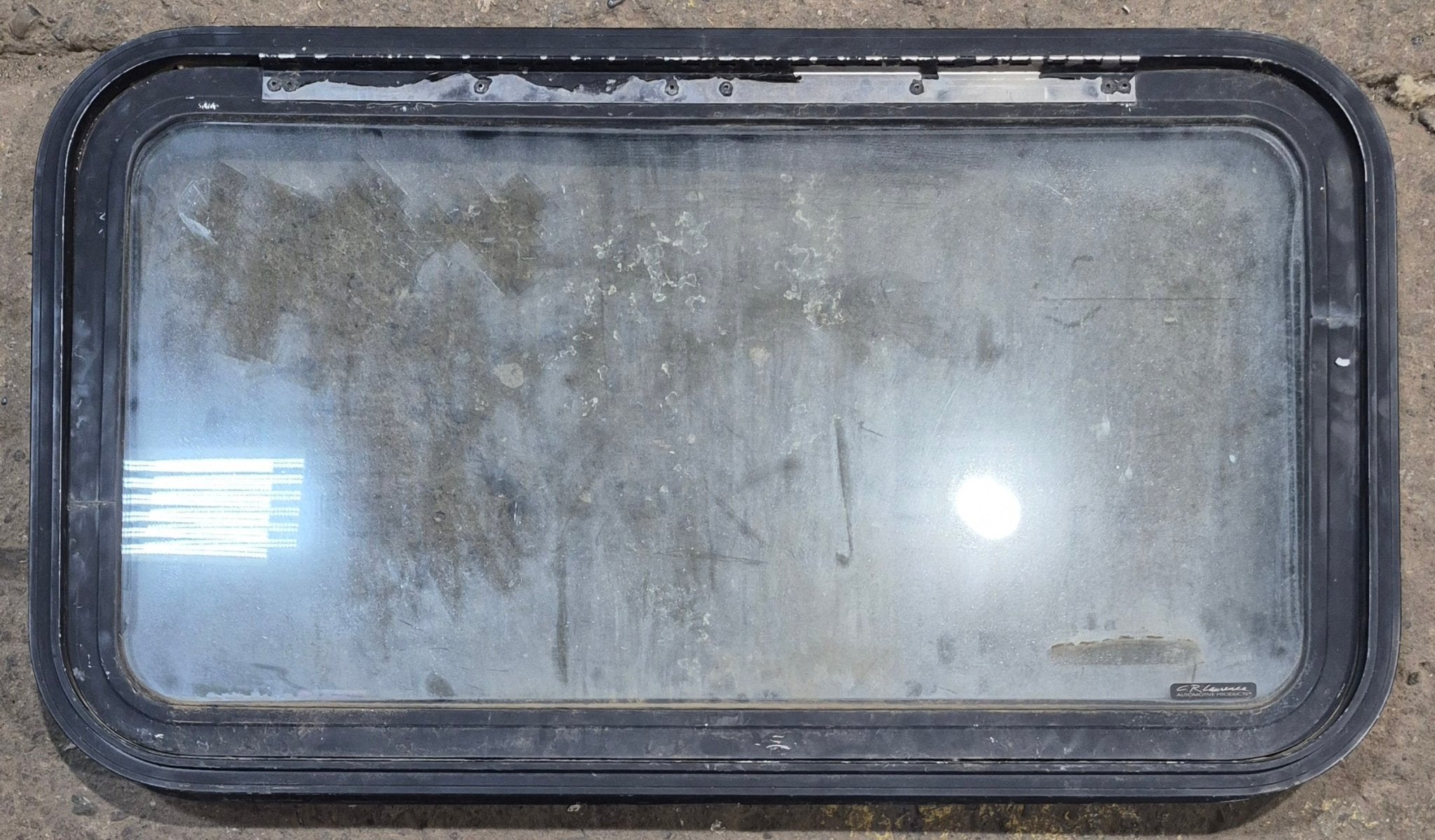 Used Black Radius Emergency Opening Window : 35 1/2" W x 19 1/2" H x 1 1/2" D - Young Farts RV Parts