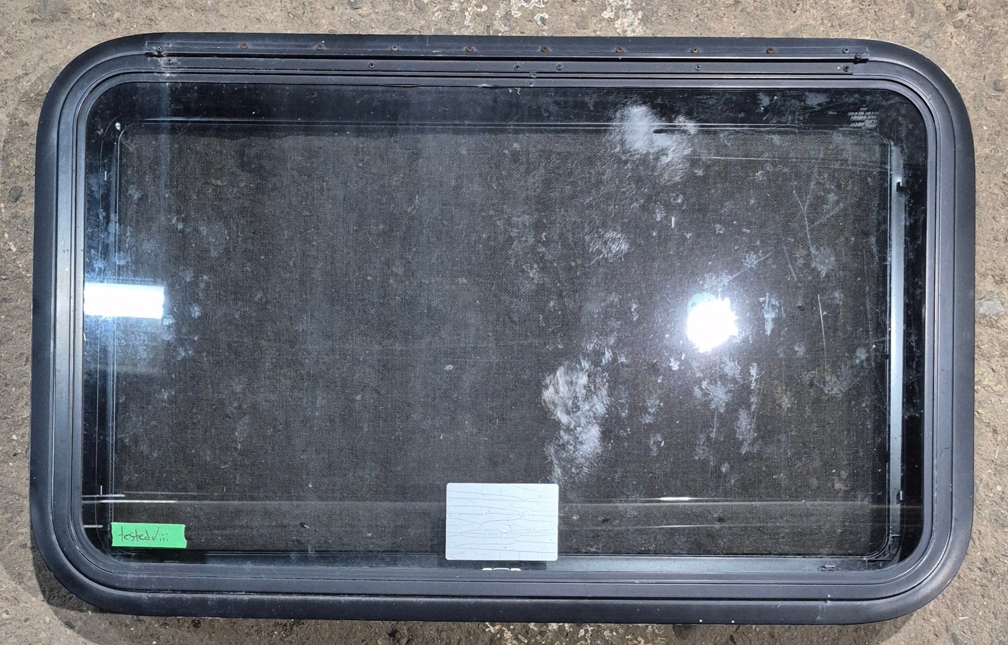 Used Black Radius Emergency Opening Window : 35 1/4" W x 21 1/2" H x 1 3/4" D - Young Farts RV Parts