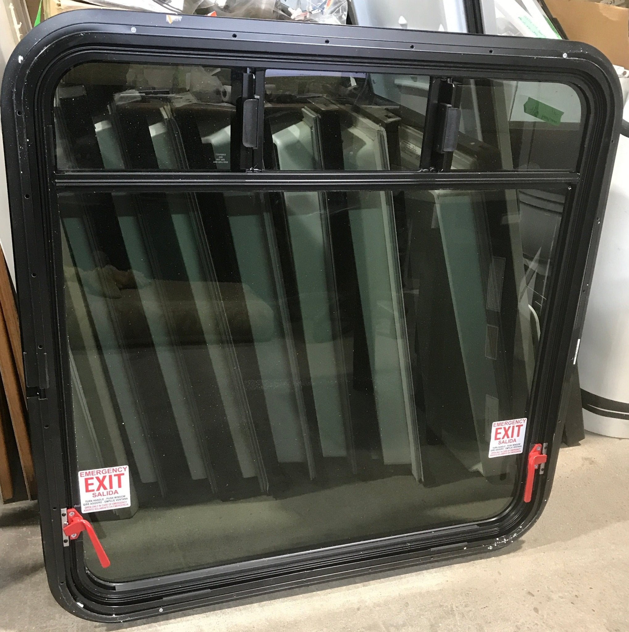 Used Black Radius Emergency Opening Window : 35 3/4" W x 36" H x 3/4" - Young Farts RV Parts