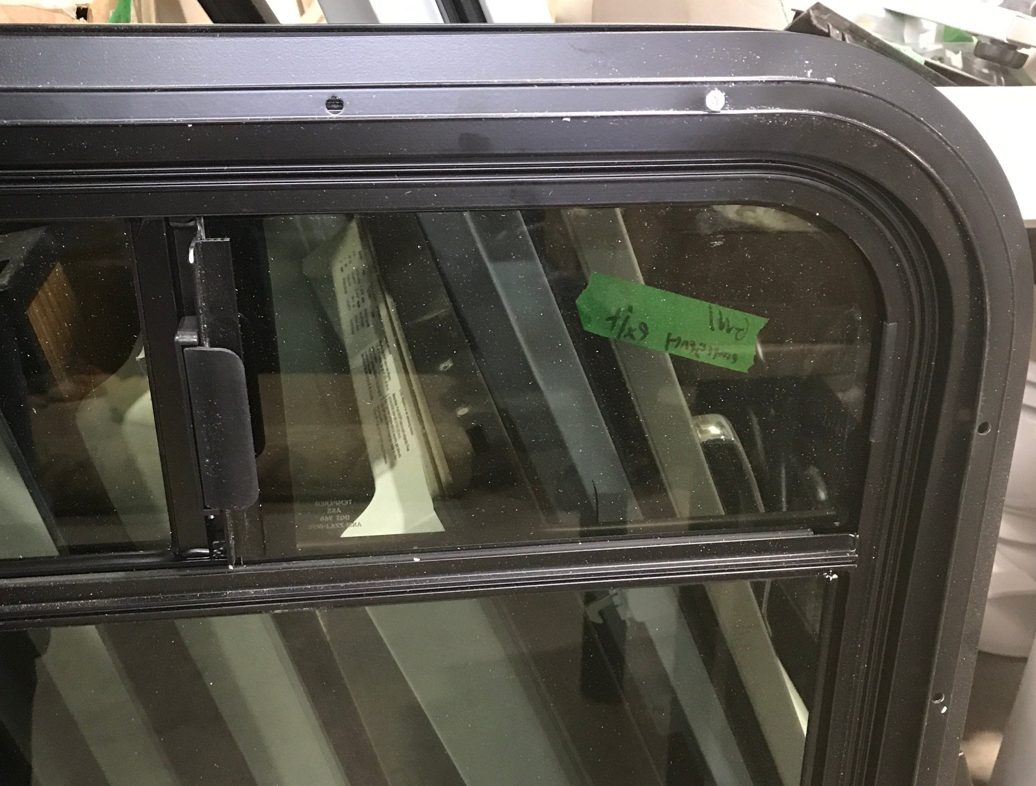 Used Black Radius Emergency Opening Window : 35 3/4" W x 36" H x 3/4" - Young Farts RV Parts