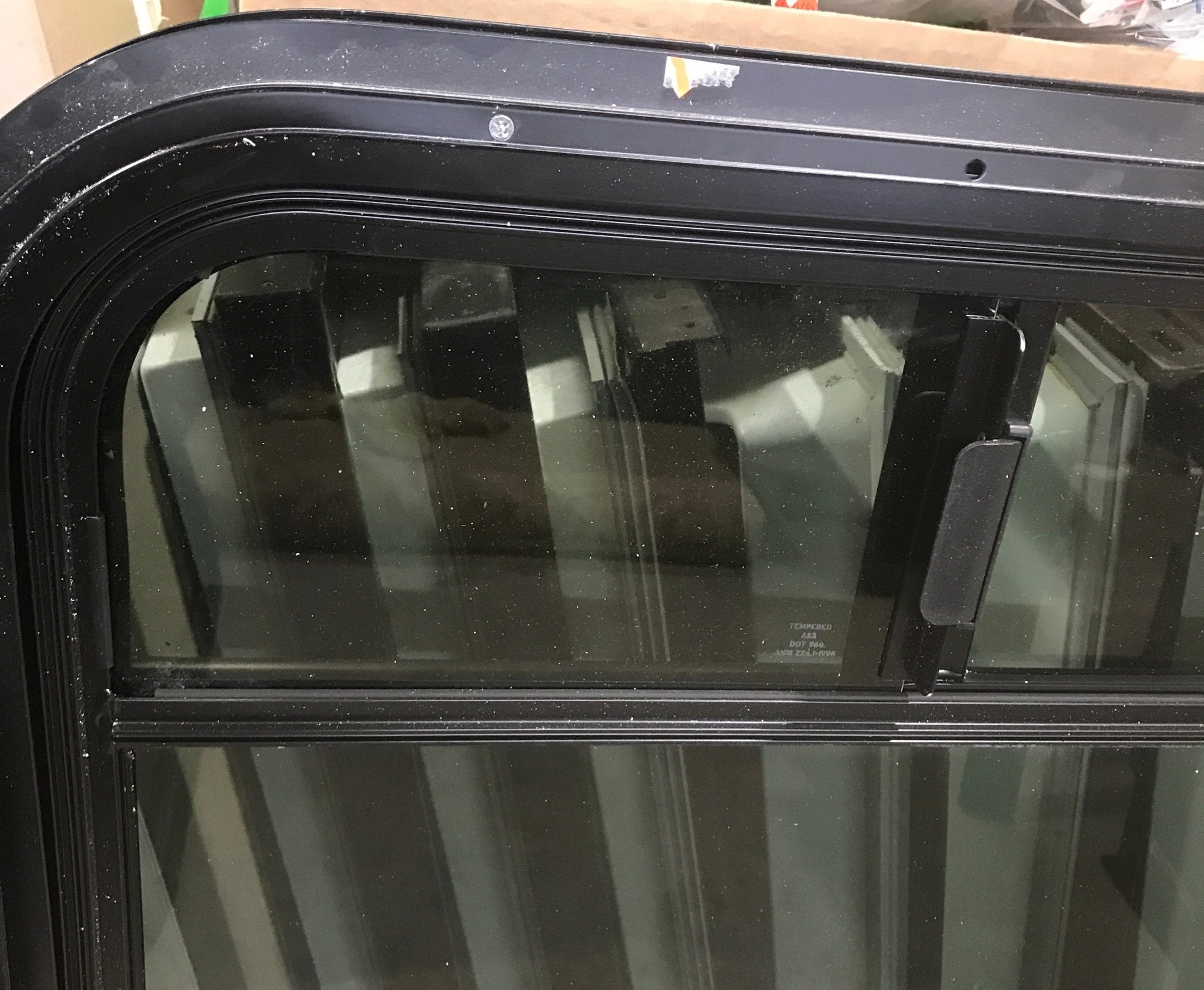 Used Black Radius Emergency Opening Window : 35 3/4" W x 36" H x 3/4" - Young Farts RV Parts