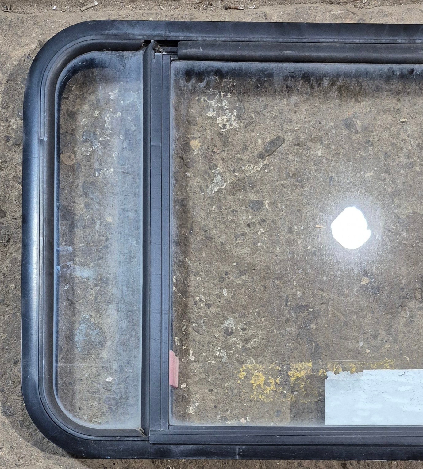 Used Black Radius Emergency Opening Window : 41 1/2" W x 21 3/4" H x 1 7/8" - Young Farts RV Parts