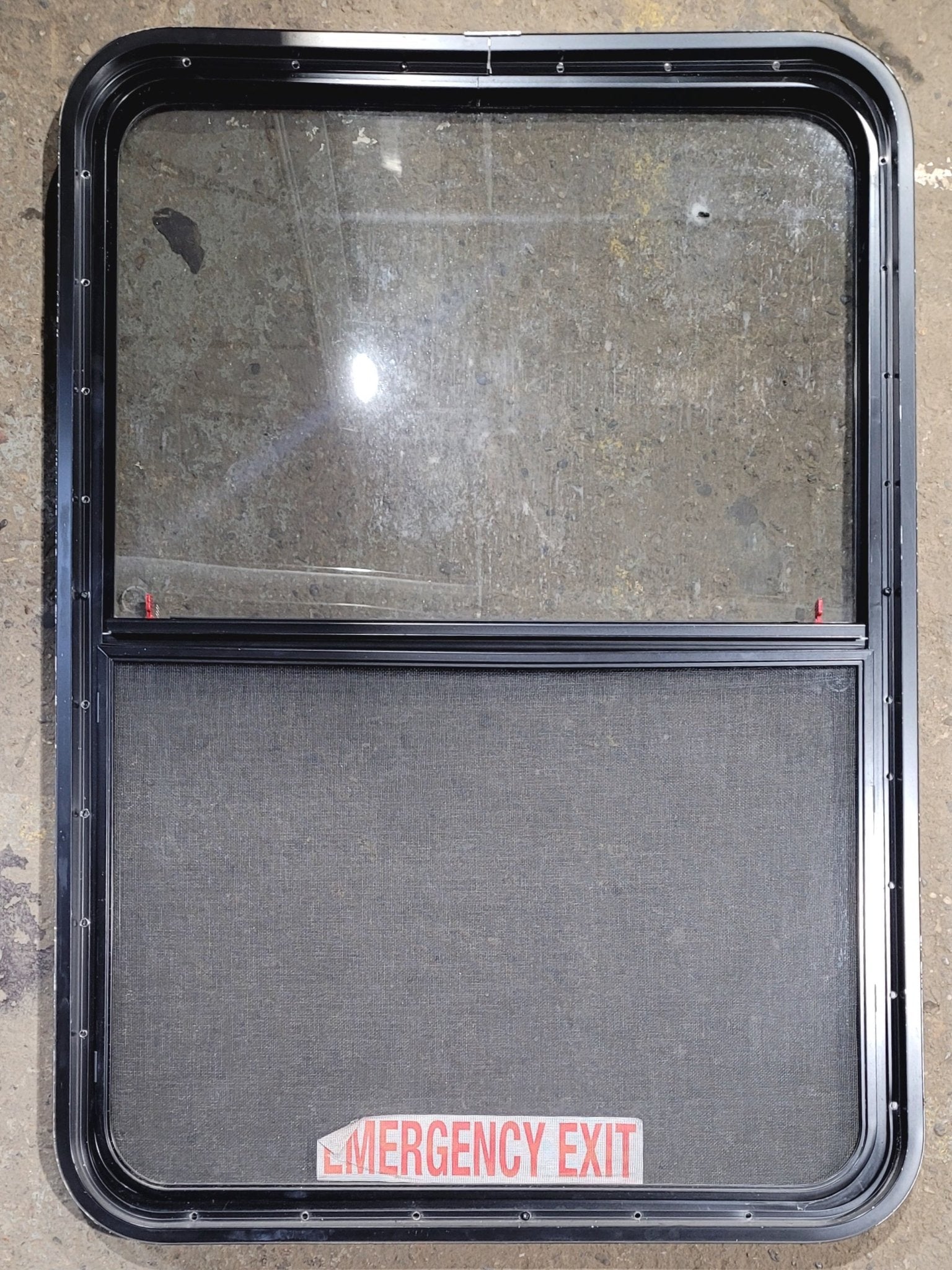 Used Black Radius Emergency Opening Window : 42 1/4" W x 29 1/2" H x 1 3/4" - Young Farts RV Parts