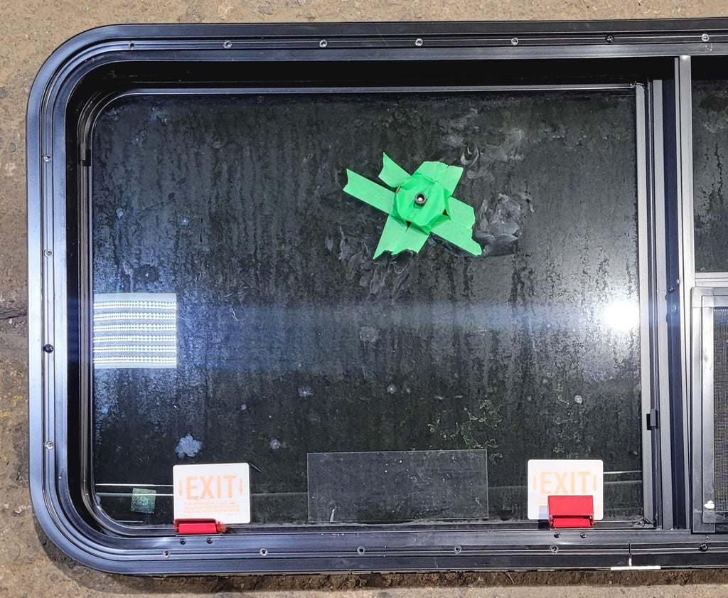 Used Black Radius Emergency Opening Window : 47 1/2" W x 21 1/2" H x 1 3/4" - Young Farts RV Parts