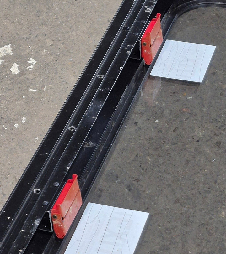 Used Black Radius Emergency Opening Window : 47 1/4" W x 21 1/4" H x 1 3/4" D - Young Farts RV Parts