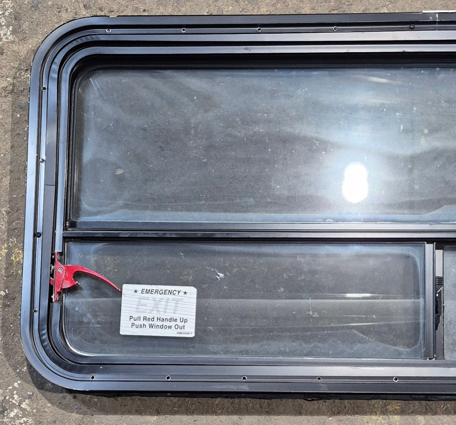 Used Black Radius Emergency Opening Window : 47 1/4" W x 21 1/4" H x 1 3/4" D - Young Farts RV Parts