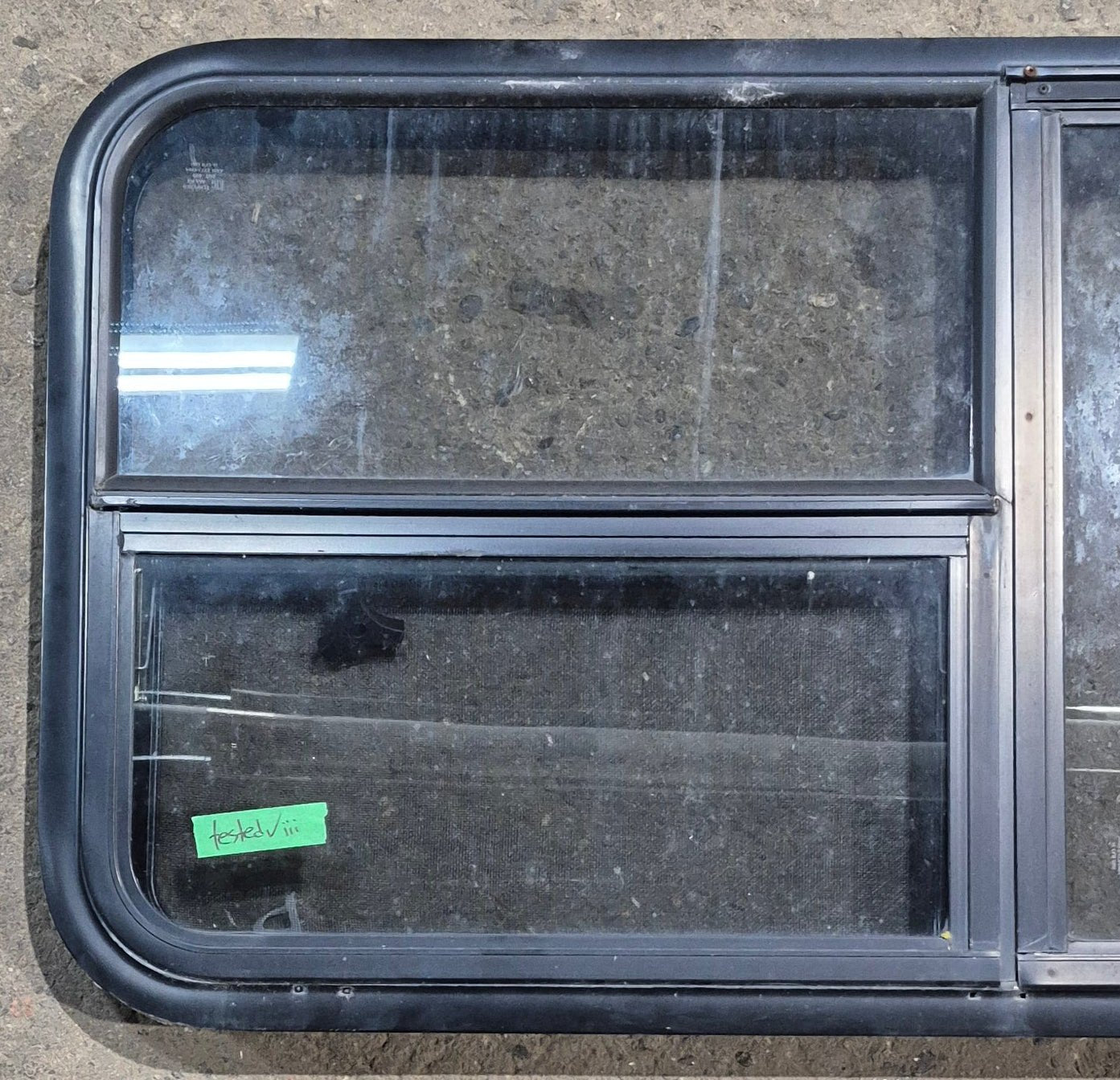 Used Black Radius Emergency Opening Window : 47 1/4" W x 21 1/4" H x 1 3/4" D - Young Farts RV Parts