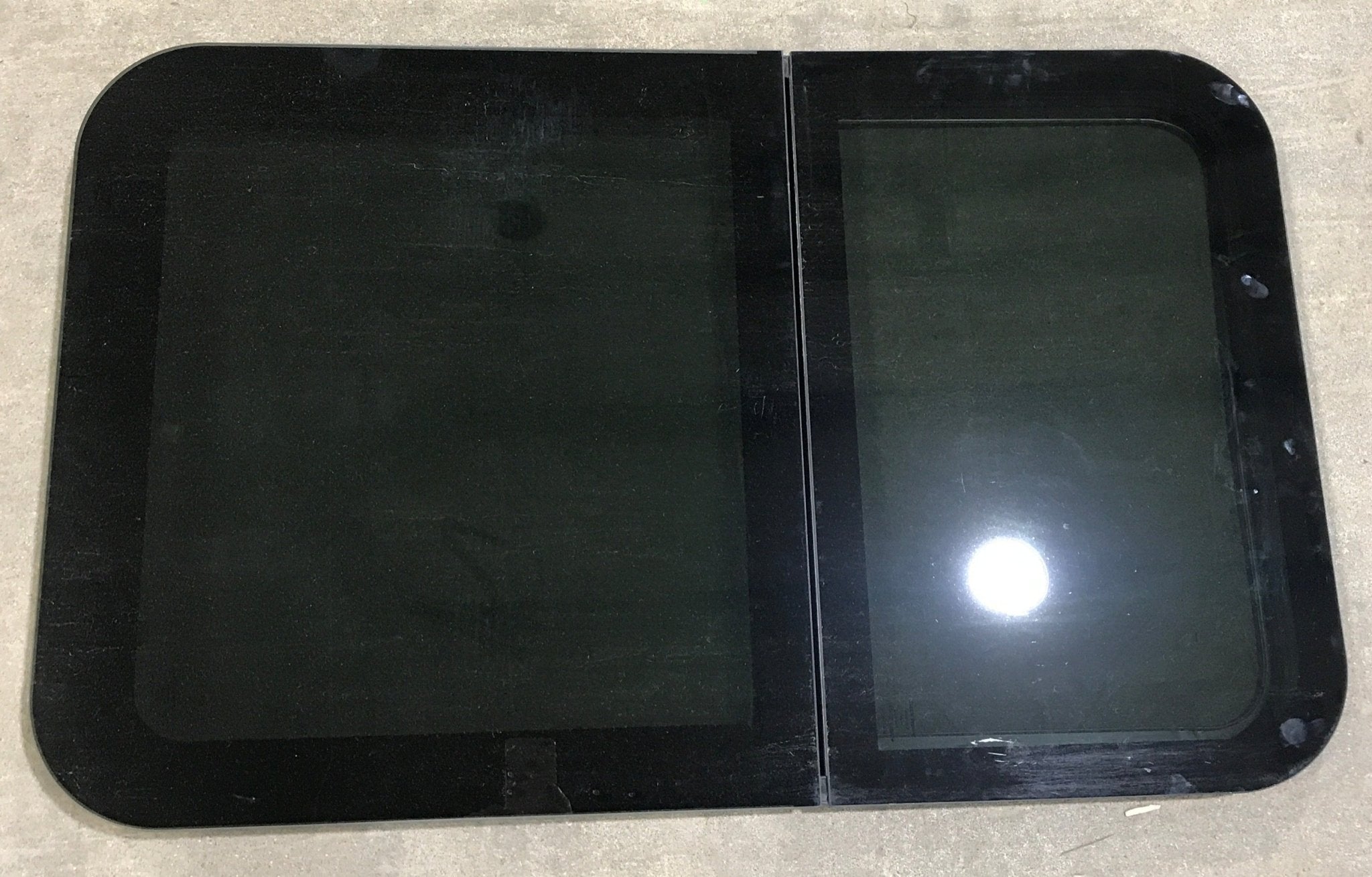 Used Black Radius Frameless Opening Window : 39 1/4 X 23 1/2 X 1 1/2" D - Young Farts RV Parts