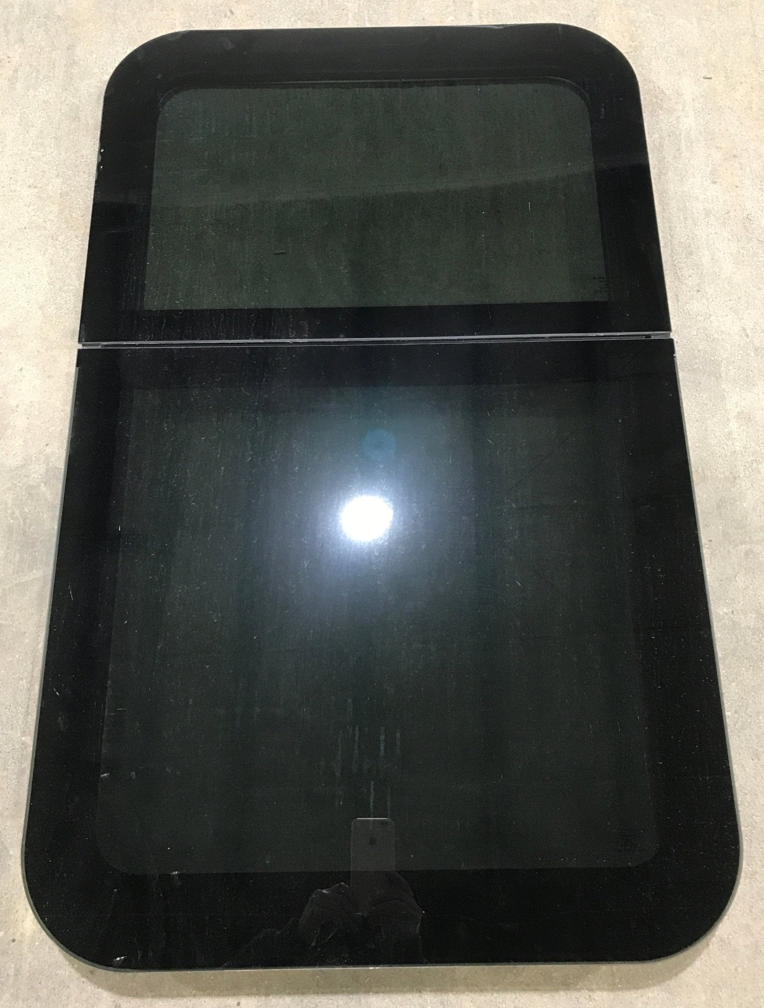 Used Black Radius Frameless Opening Window : 39 1/4 X 23 1/2 X 1 1/2" D - Young Farts RV Parts