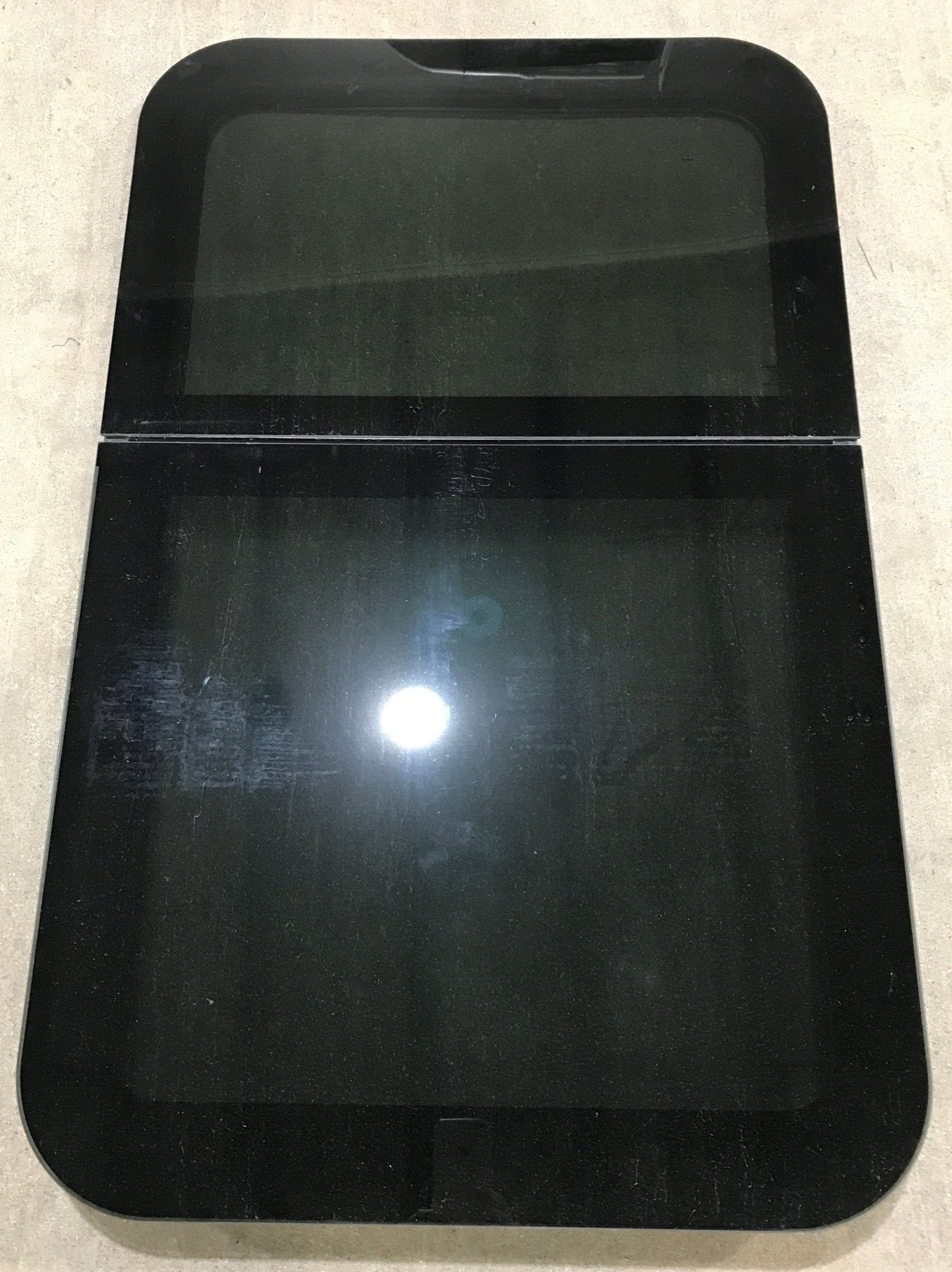Used Black Radius Frameless Opening Window : 39 1/4 X 23 1/2 X 1 1/2" D - Young Farts RV Parts